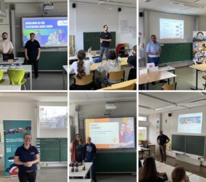 Vertreterinnen und Vertreter verschiedener Ausbildungsbetriebe stellen sich in Klassenzimmern der Maria-Gress-Schule vor